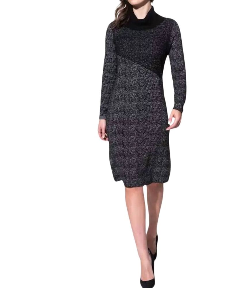 Front of a model wearing a size L Cowl Neck Sweater Dress In Black in Black by ALISON SHERI. | dia_product_style_image_id:360591